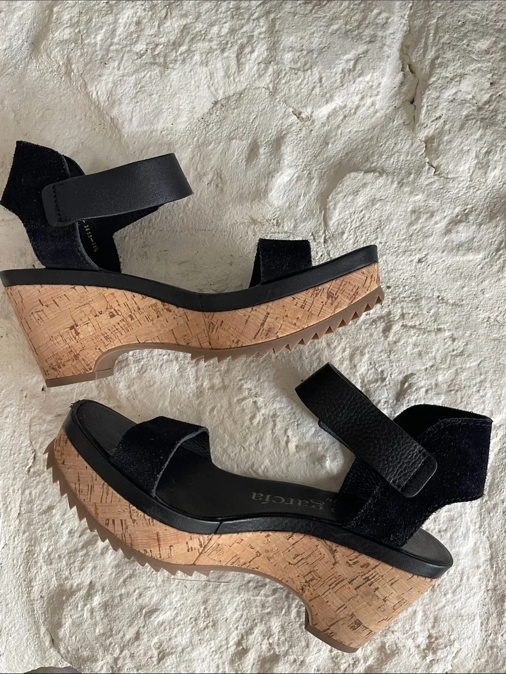 Pedro Garcia Franses Black Suede and Cork Wedge Sandal with Ankle Strap